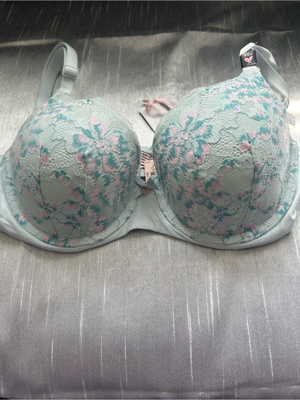 Victoria's Secret Body by Victoria Mint Bra with Pink Floral Lace 34D